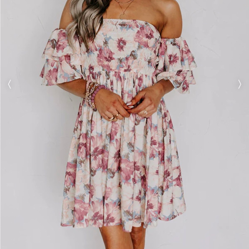 Impressions boutique smocked off shoulder white pink floral dress
